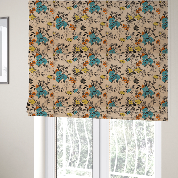 The fabric used to create these Roman blinds features a retro-vintage floral pattern with an eclectic, hand-drawn feel on a warm cream or beige background.