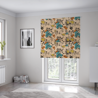 The fabric used to create these Roman blinds features a retro-vintage floral pattern with an eclectic, hand-drawn feel on a warm cream or beige background.