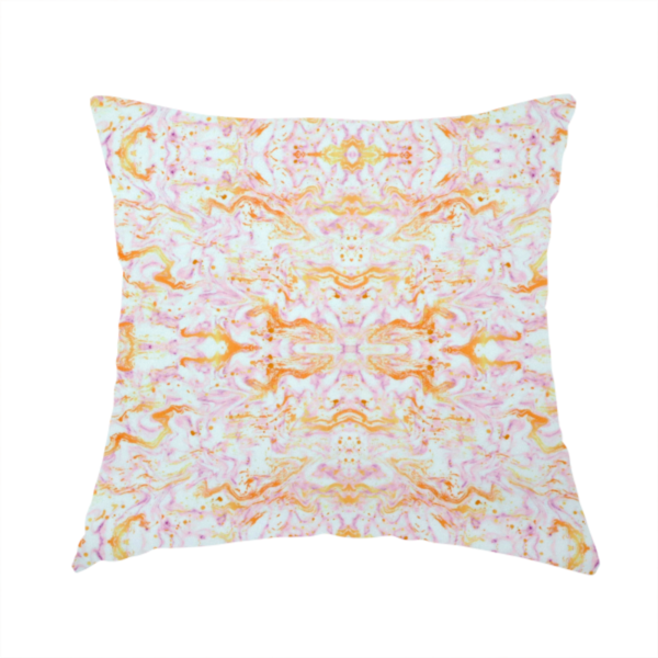 The fabric used to create this handmade cushion features a soft, marbled kaleidoscopic pattern with a symmetrical, mirrored layout that creates a fluid, organic rhythm across the surface.