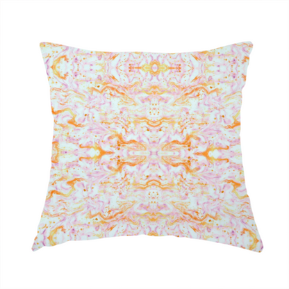 The fabric used to create this handmade cushion features a soft, marbled kaleidoscopic pattern with a symmetrical, mirrored layout that creates a fluid, organic rhythm across the surface.