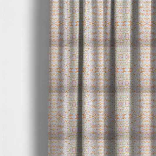 The fabric used to create these made-to-measure curtains features a soft, marbled kaleidoscopic pattern with a symmetrical, mirrored layout that creates a fluid, organic rhythm across the surface.