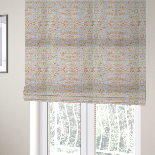 The fabric used to create these Roman blinds features a soft, marbled kaleidoscopic pattern with a symmetrical, mirrored layout that creates a fluid, organic rhythm across the surface.