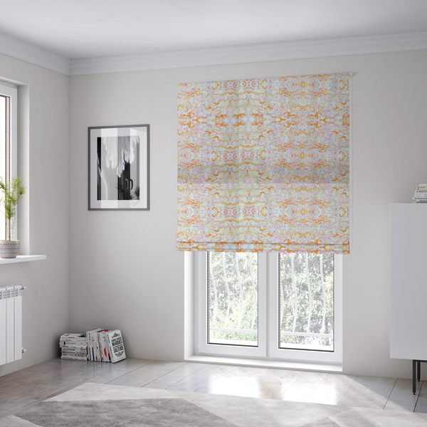 The fabric used to create these Roman blinds features a soft, marbled kaleidoscopic pattern with a symmetrical, mirrored layout that creates a fluid, organic rhythm across the surface.