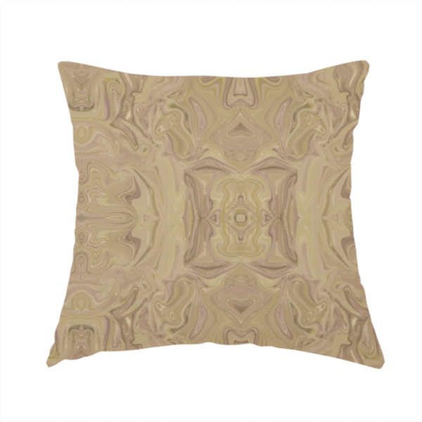 The fabric used to create this handmade cushion features an elegant marbled kaleidoscope pattern with a symmetrical, mirrored layout that creates a sophisticated and rhythmic visual texture.