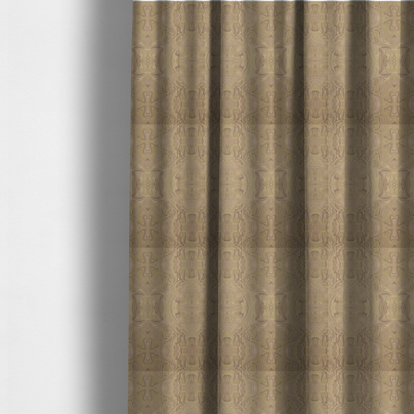 The fabric used to create these made-to-measure curtains features an elegant marbled kaleidoscope pattern with a symmetrical, mirrored layout that creates a sophisticated and rhythmic visual texture.