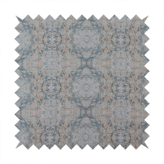 A woven fabric featuring a symmetrical, repeating abstract pattern with a marble-like swirl effect in muted tones of dusty blue, sandy tan, and soft grey.