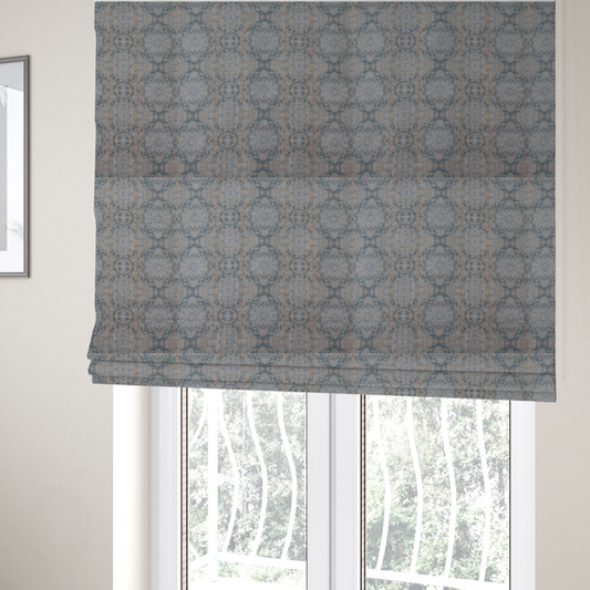 The fabric used to create these Roman blinds is a woven fabric featuring a symmetrical, repeating abstract pattern with a marble-like swirl effect in muted tones of dusty blue, sandy tan, and soft grey.