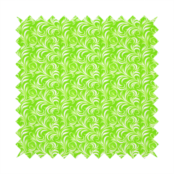 A vibrant, lime-green fabric featuring a dense, repeating pattern of elegant, white, swirling botanical motifs