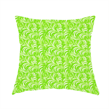 The fabric used to create this handmade cushion is a vibrant, lime-green fabric featuring a dense, repeating pattern of elegant, white, swirling botanical motifs