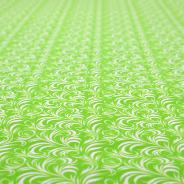 A vibrant, lime-green fabric featuring a dense, repeating pattern of elegant, white, swirling botanical motifs