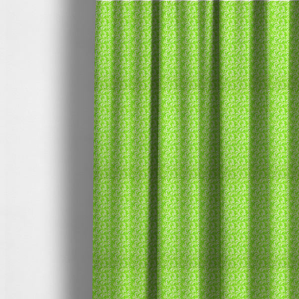 The fabric used to create these made-to-measure curtains is a vibrant, lime-green fabric featuring a dense, repeating pattern of elegant, white, swirling botanical motifs