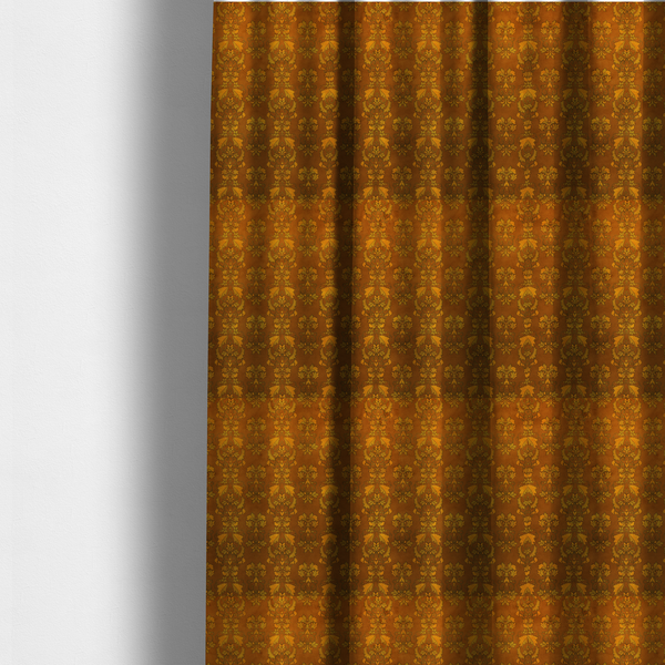 The fabric used to create these made-to-measure curtains is an ornate, vintage-style damask fabric featuring repeating, intricate botanical motifs in rich shades of burnt orange, gold, and deep brown with a subtly aged, textured appearance.