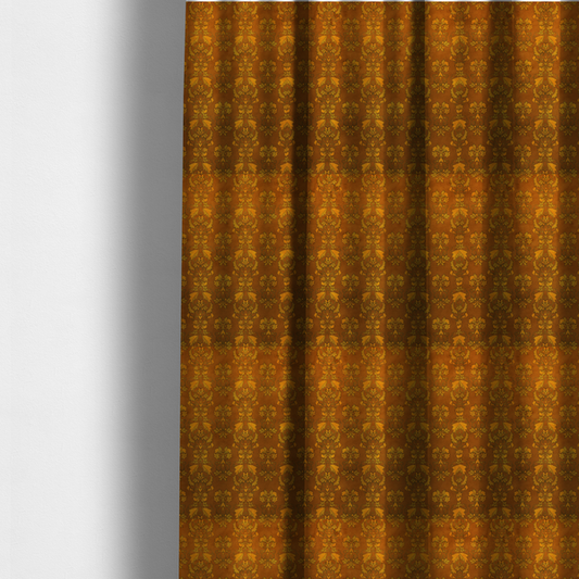 The fabric used to create these made-to-measure curtains is an ornate, vintage-style damask fabric featuring repeating, intricate botanical motifs in rich shades of burnt orange, gold, and deep brown with a subtly aged, textured appearance.
