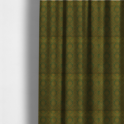 The fabric used to create these made-to-measure curtains is a repeating, decorative fabric pattern featuring ornate, gold-toned paisley motifs centred on a deep forest green background. The design is structured around a subtle lattice of small, delicate floral sprigs, creating a traditional, block-printed aesthetic with a slightly weathered, vintage texture.