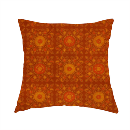 The fabric used to create these handmade cushions is a warm, ornate repeating pattern with a rich, vintage aesthetic. It draws heavy inspiration from traditional South Asian and Middle Eastern textile designs, specifically echoing elements of Mandala art and Paisley motifs.