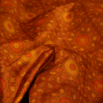 A warm, ornate repeating pattern with a rich, vintage aesthetic. It draws heavy inspiration from traditional South Asian and Middle Eastern textile designs, specifically echoing elements of Mandala art and Paisley motifs.