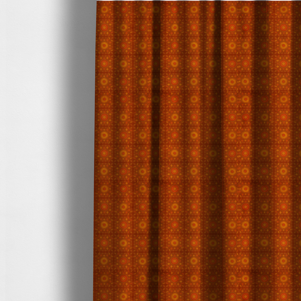The fabric used to create these made-to-measure curtains is a warm, ornate repeating pattern with a rich, vintage aesthetic. It draws heavy inspiration from traditional South Asian and Middle Eastern textile designs, specifically echoing elements of Mandala art and Paisley motifs.