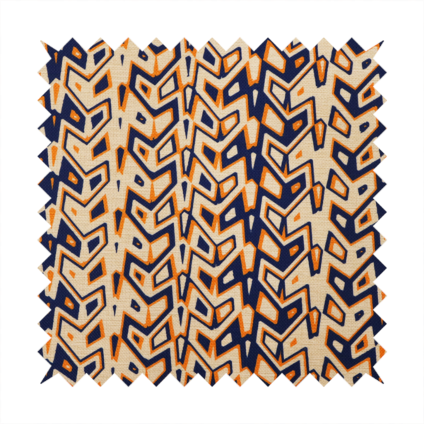 A dynamic, geometric textile pattern with a bold, tribal-inspired aesthetic. It utilizes sharp angles and high-contrast colours to create a sense of vertical movement and rhythmic energy.