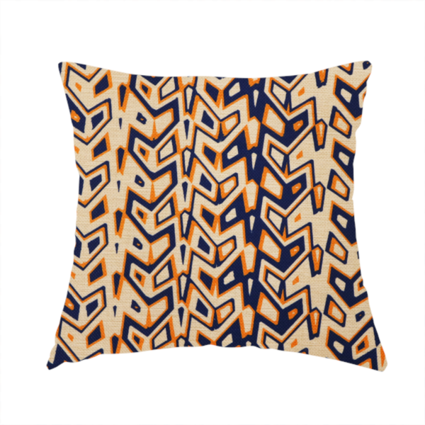 The fabric used to create these handmade cushions is a dynamic, geometric textile pattern with a bold, tribal-inspired aesthetic. It utilizes sharp angles and high-contrast colours to create a sense of vertical movement and rhythmic energy.