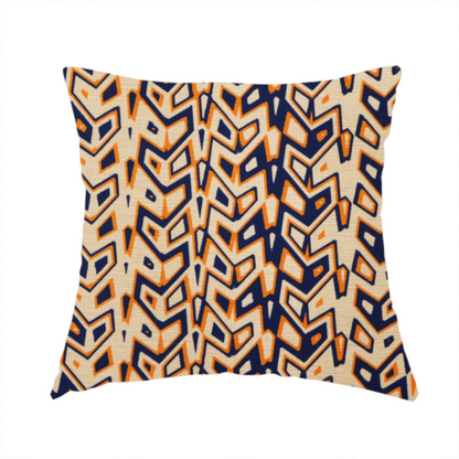 The fabric used to create these handmade cushions is a dynamic, geometric textile pattern with a bold, tribal-inspired aesthetic. It utilizes sharp angles and high-contrast colours to create a sense of vertical movement and rhythmic energy.