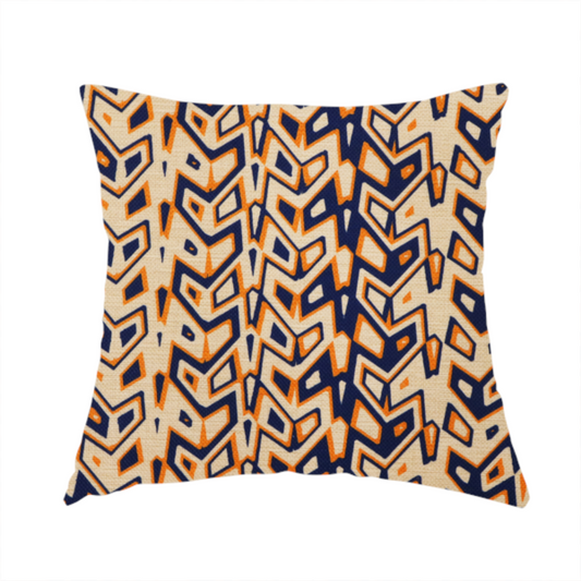 The fabric used to create these handmade cushions is a dynamic, geometric textile pattern with a bold, tribal-inspired aesthetic. It utilizes sharp angles and high-contrast colours to create a sense of vertical movement and rhythmic energy.