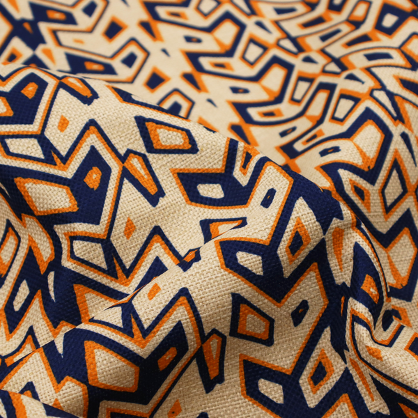 A dynamic, geometric textile pattern with a bold, tribal-inspired aesthetic. It utilizes sharp angles and high-contrast colours to create a sense of vertical movement and rhythmic energy.