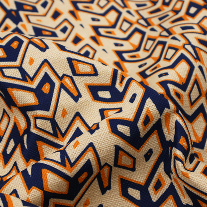 A dynamic, geometric textile pattern with a bold, tribal-inspired aesthetic. It utilizes sharp angles and high-contrast colours to create a sense of vertical movement and rhythmic energy.
