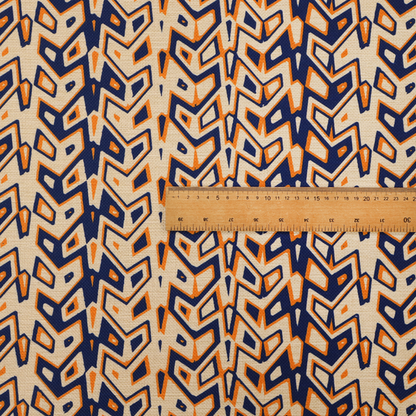 A dynamic, geometric textile pattern with a bold, tribal-inspired aesthetic. It utilizes sharp angles and high-contrast colours to create a sense of vertical movement and rhythmic energy.