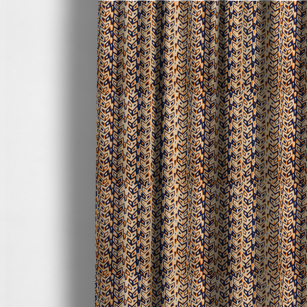 The fabric used to create these made-to-measure curtains is a dynamic, geometric textile pattern with a bold, tribal-inspired aesthetic. It utilizes sharp angles and high-contrast colours to create a sense of vertical movement and rhythmic energy.