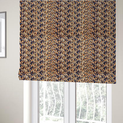 The fabric used to create these Roman blinds is a dynamic, geometric textile pattern with a bold, tribal-inspired aesthetic. It utilizes sharp angles and high-contrast colours to create a sense of vertical movement and rhythmic energy.