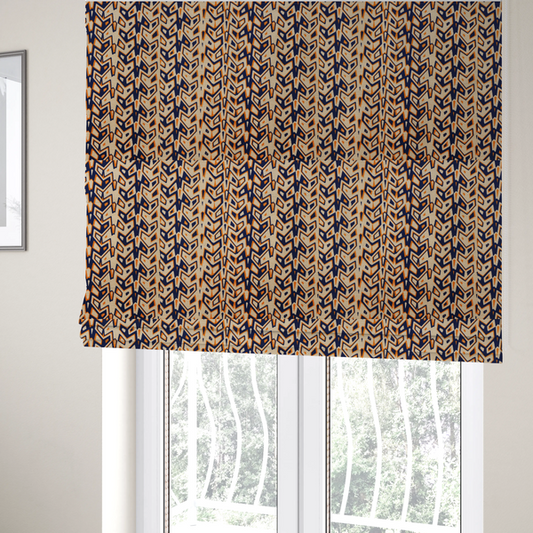 The fabric used to create these Roman blinds is a dynamic, geometric textile pattern with a bold, tribal-inspired aesthetic. It utilizes sharp angles and high-contrast colours to create a sense of vertical movement and rhythmic energy.