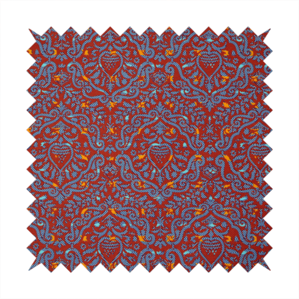 A highly detailed, textured damask that blends traditional ornate motifs with a modern, high-energy colour palette.