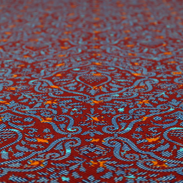 A highly detailed, textured damask that blends traditional ornate motifs with a modern, high-energy colour palette.