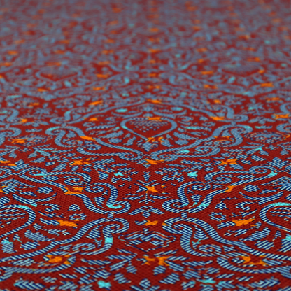 A highly detailed, textured damask that blends traditional ornate motifs with a modern, high-energy colour palette.