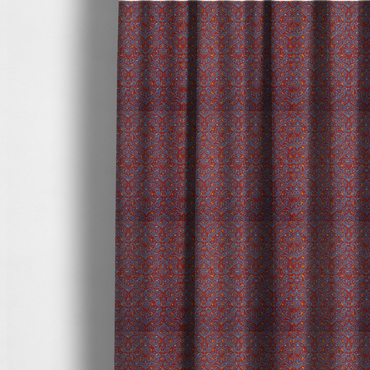 The fabric used to create these made-to-measure curtains is a highly detailed, textured damask that blends traditional ornate motifs with a modern, high-energy colour palette.