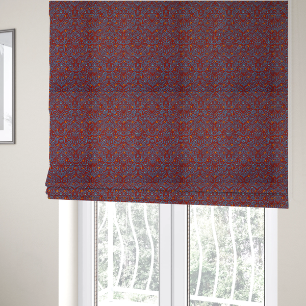 The fabric used to create these Roma blinds is a highly detailed, textured damask that blends traditional ornate motifs with a modern, high-energy colour palette.