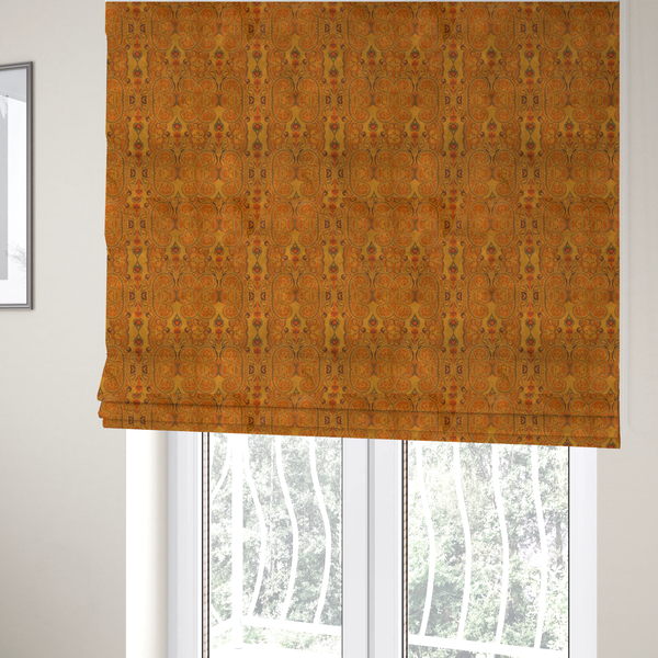 The fabric used to create these Roman blinds is a warm, vintage-style paisley pattern with a weathered, antique tapestry aesthetic.