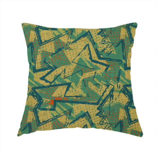 The fabric used to create this handmade cushion is a dynamic, abstract geometric pattern with a distinct 1990s retro-modern aesthetic. The design is characterized by its sharp angles and layered textures.