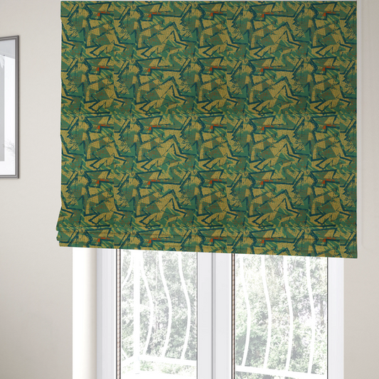 The fabric used to create these Roman blinds is a dynamic, abstract geometric pattern with a distinct 1990s retro-modern aesthetic. The design is characterized by its sharp angles and layered textures.