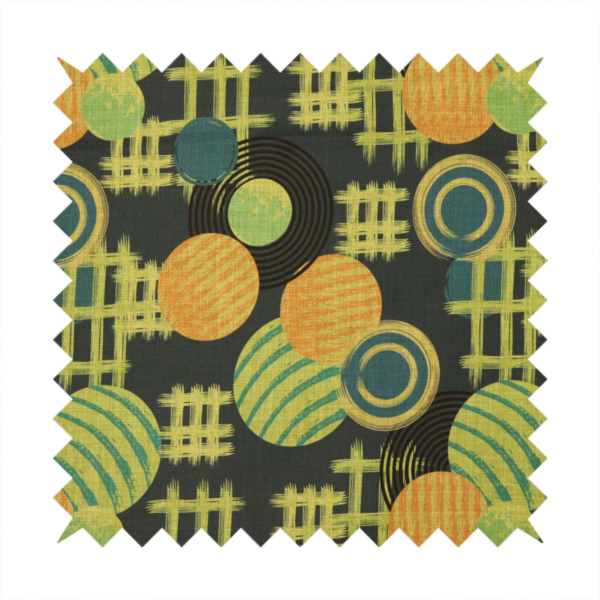 A playful, mid-century modern-inspired pattern featuring layered circular and linear motifs.