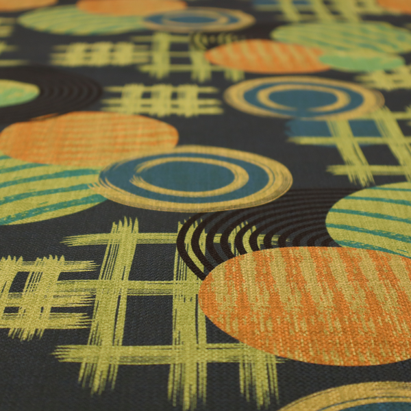 A playful, mid-century modern-inspired pattern featuring layered circular and linear motifs.