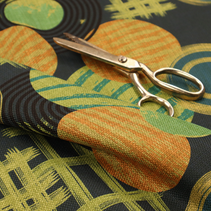 A playful, mid-century modern-inspired pattern featuring layered circular and linear motifs.