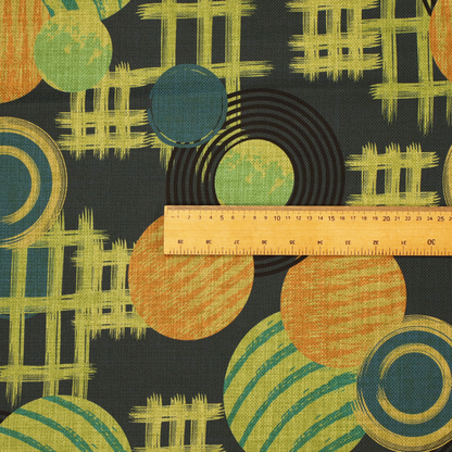 A playful, mid-century modern-inspired pattern featuring layered circular and linear motifs.