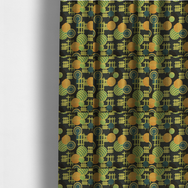 The fabric used to create these made-to-measure curtains is a playful, mid-century modern-inspired pattern featuring layered circular and linear motifs.