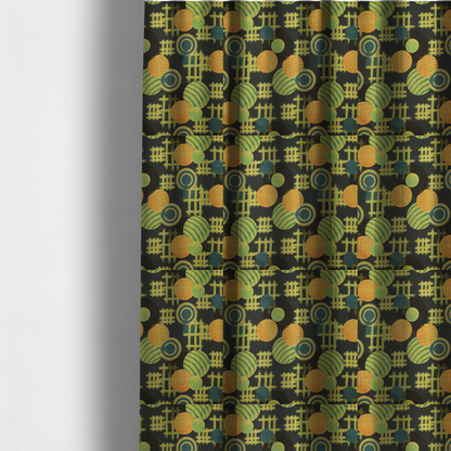 The fabric used to create these made-to-measure curtains is a playful, mid-century modern-inspired pattern featuring layered circular and linear motifs.