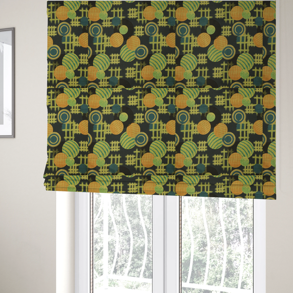 The fabric used to create these Roman blinds is a playful, mid-century modern-inspired pattern featuring layered circular and linear motifs.