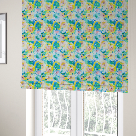 The fabric used to create these Roman blinds is a vibrant, watercolour floral pattern with a bright and airy spring aesthetic.