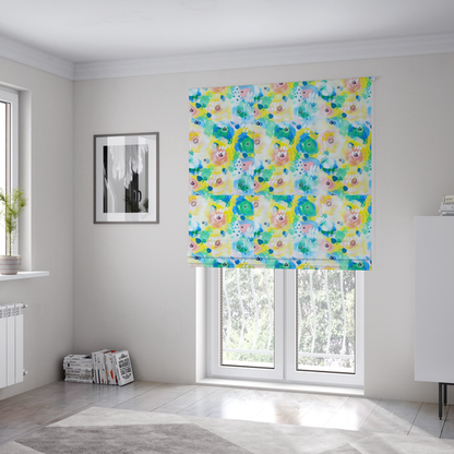 The fabric used to create these Roman blinds is a vibrant, watercolour floral pattern with a bright and airy spring aesthetic.