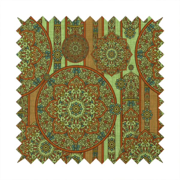 An ornate, global-inspired textile pattern that combines structured vertical stripes with intricate circular motifs.