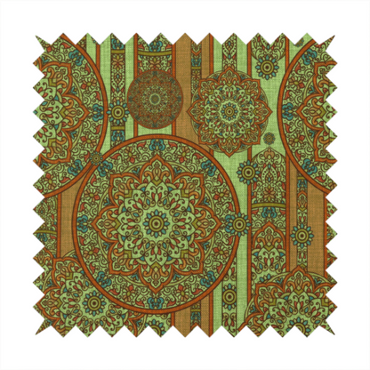 An ornate, global-inspired textile pattern that combines structured vertical stripes with intricate circular motifs.